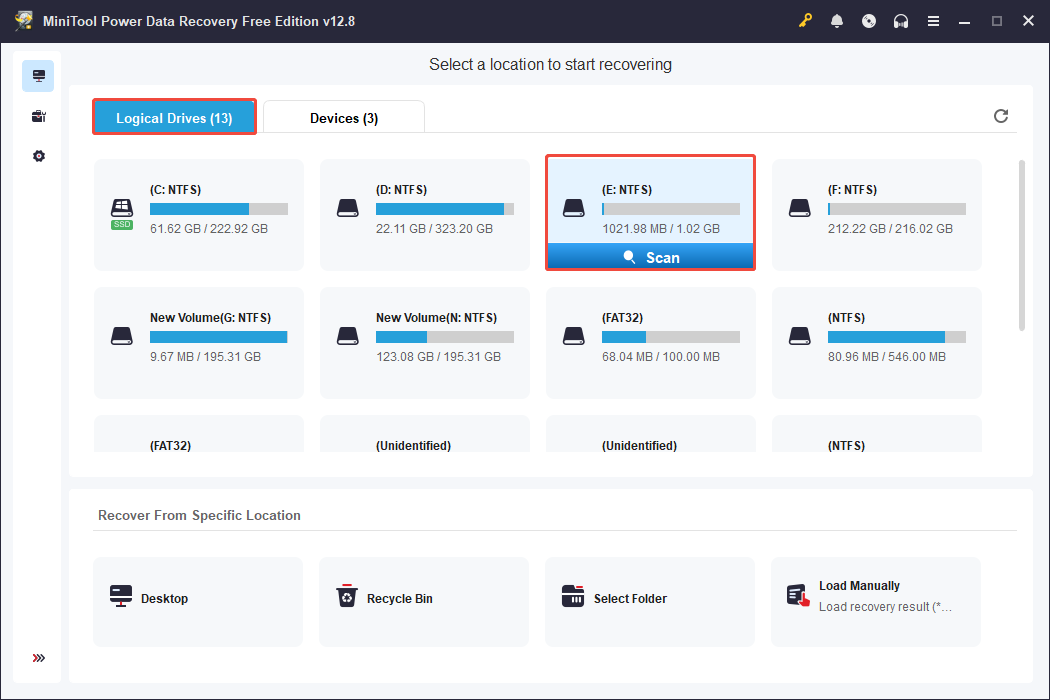 MiniTool Power Data Recovery interface showing the detected partitions, with Logical Drives and Scan highlighted.