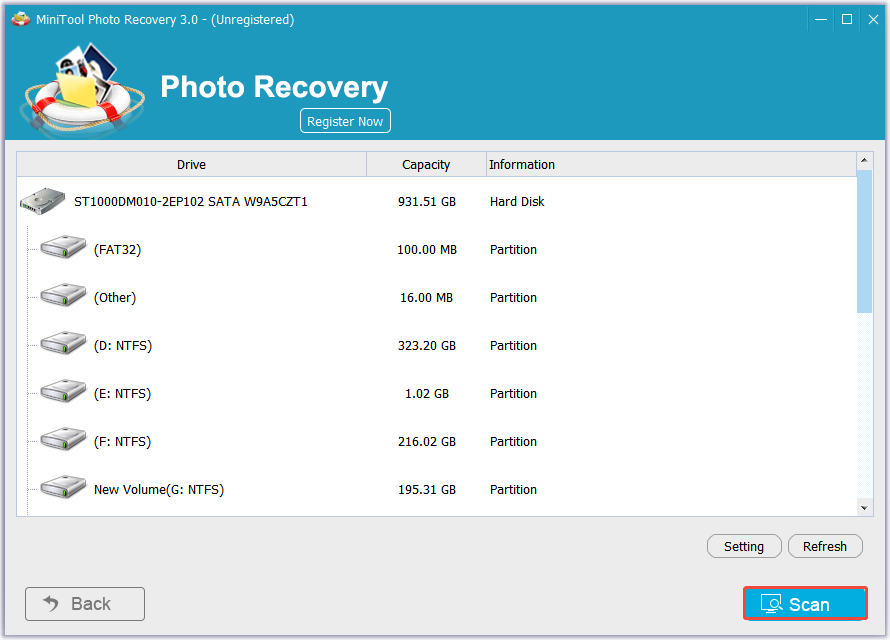 MiniTool Photo Recovery interface showing the detected partitions, with the Scan button highlighted.