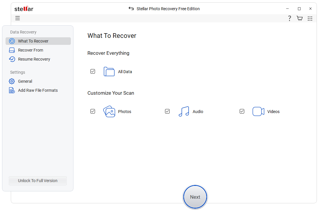 Stellar Photo Recovery interface showing the items to recover under the What To Recover section.