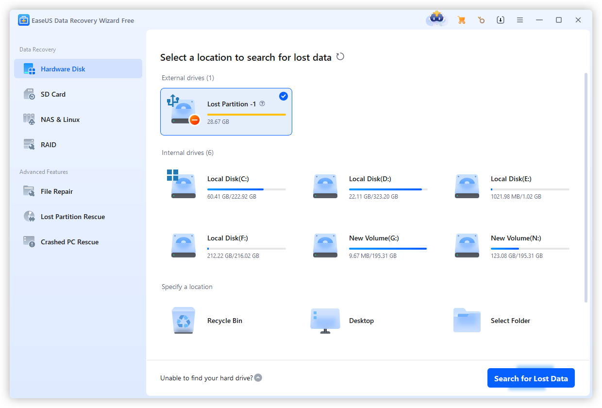 EaseUS Data Recovery Wizard interface showing the detected devices and partitions in the Hardware Disk section.