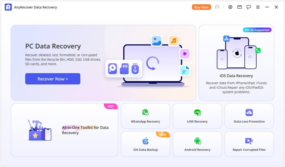AnyRecover Data Recovery interface showing the Recovery options and other tools in the main page.