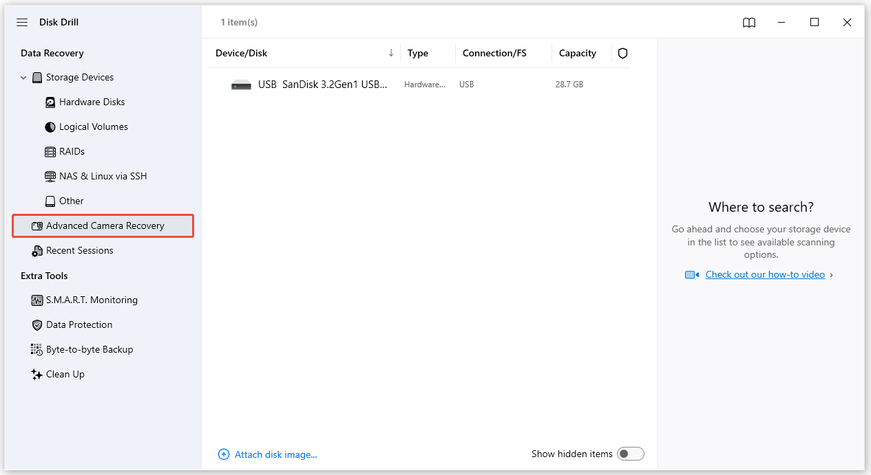 Disk Drill interface displaying the USB flash drive’s information under the Advanced Camera Recovery section.