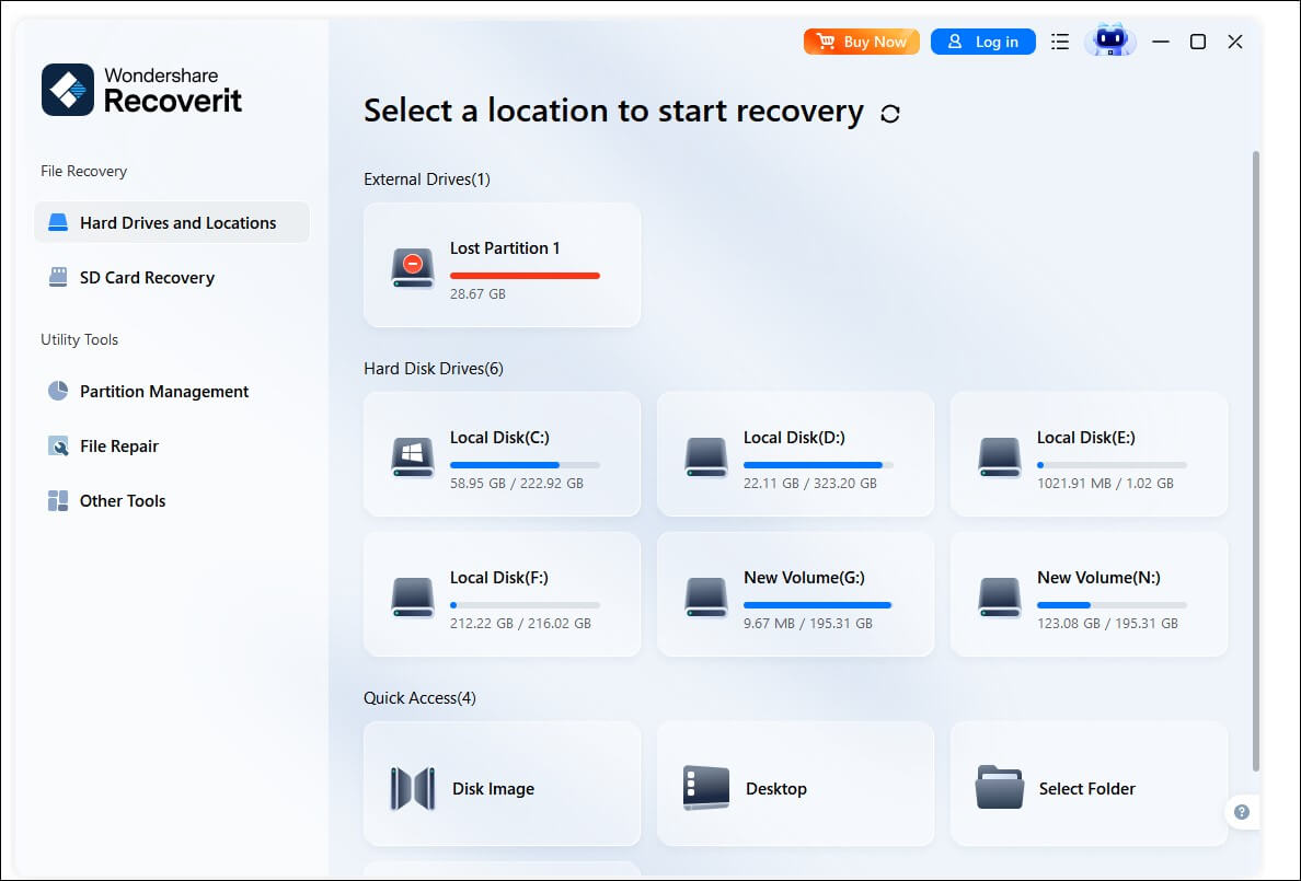 The Wondershare Recoverit interface showing the target partitions and other specific locations in the home page.