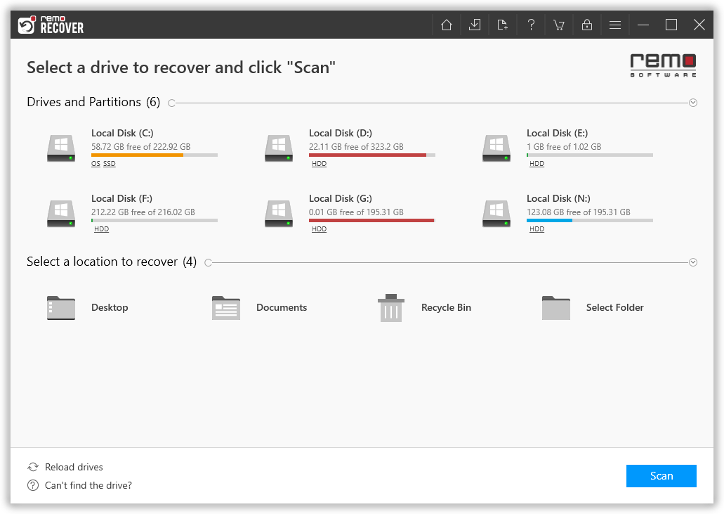 Remo Recover interface showing the detected drives and partitions, along with the specific locations.