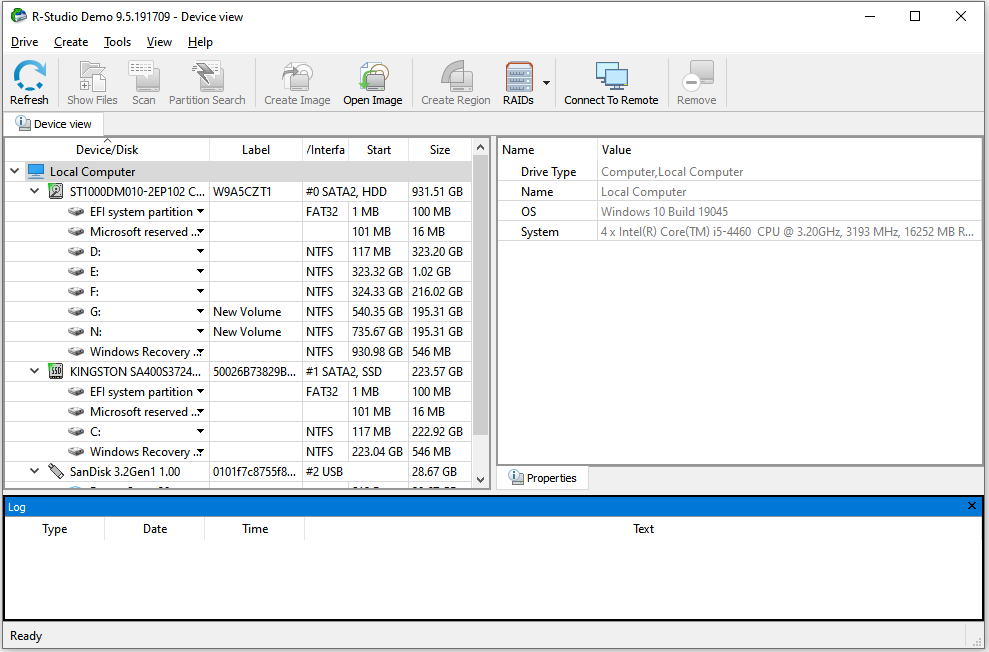 R-Studio interface displaying the disk information and disk partitions.