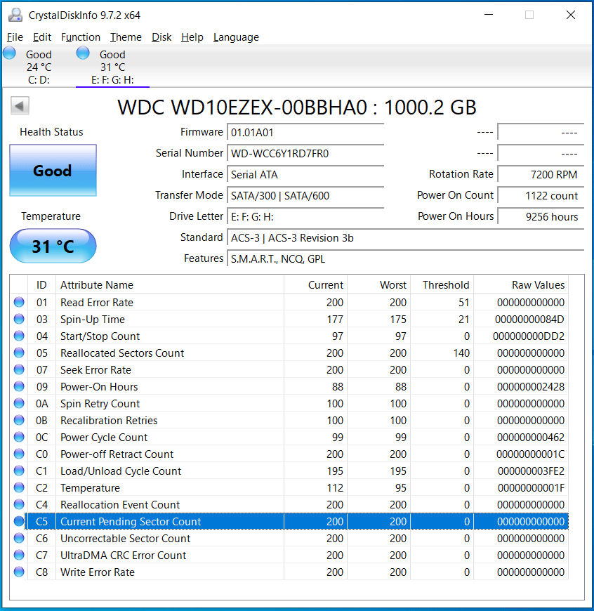 The CrystalDiskInfo window showing disk health.