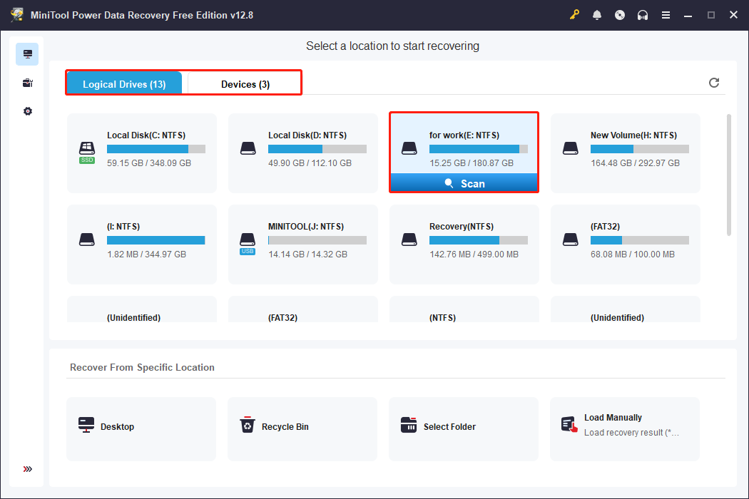 MiniTool Power Data Recovery interface listing all partitions, with the target drive selected and the Scan icon highlighted.