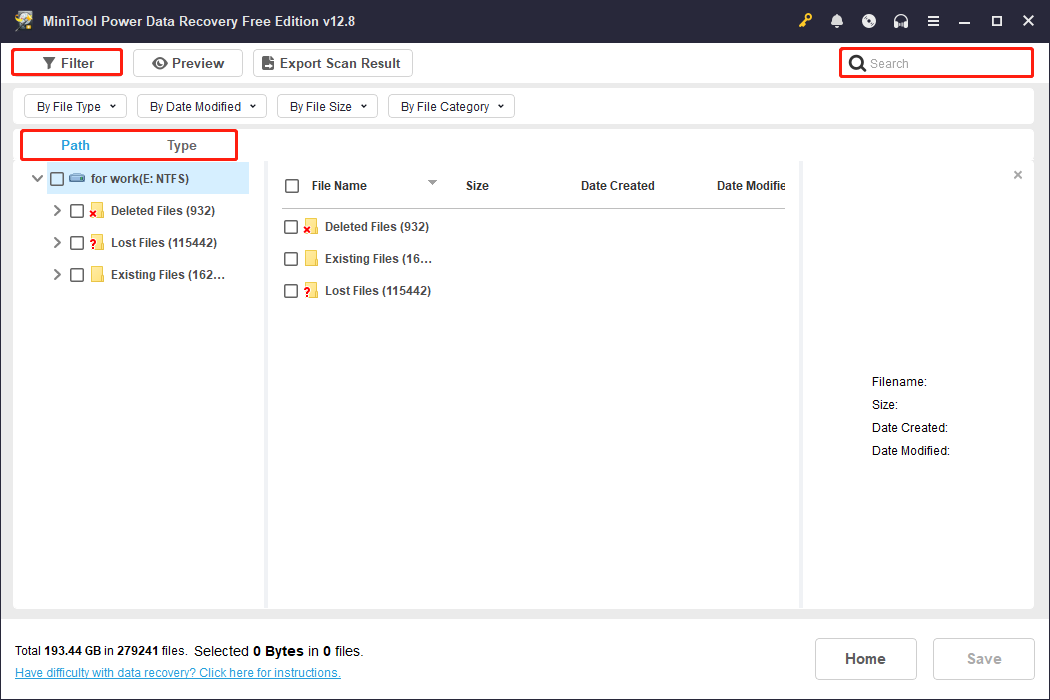 MiniTool Power Data Recovery scan results page with Path, Type, Filter, and Search selected to locate the target files.