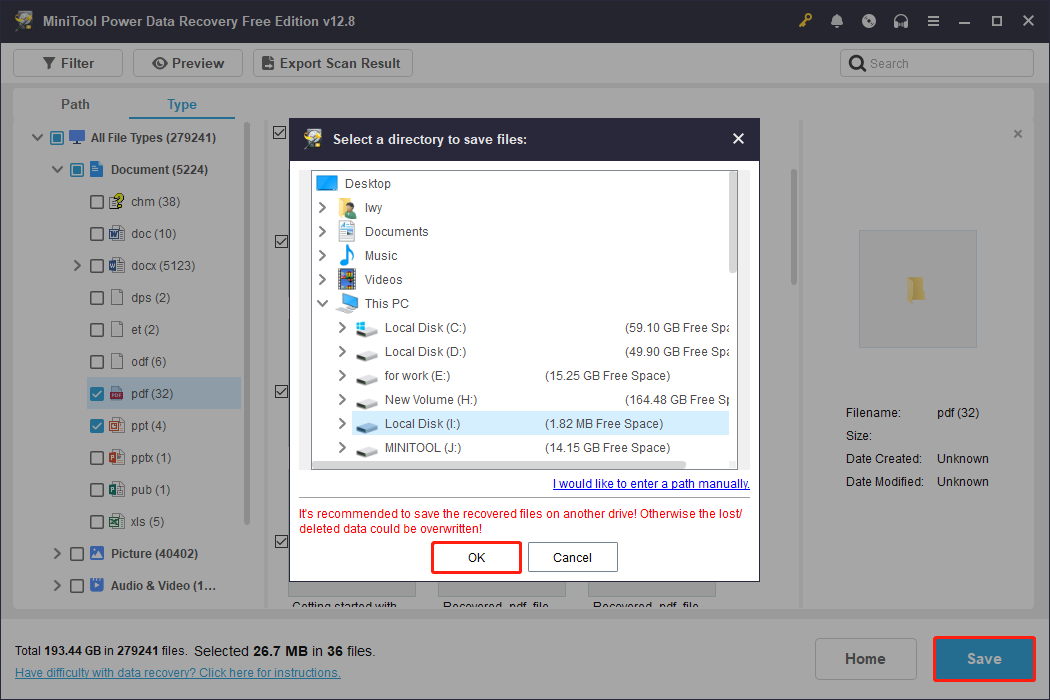 MiniTool Power Data Recovery interface showing the highlighted Save button and the save path selection window.