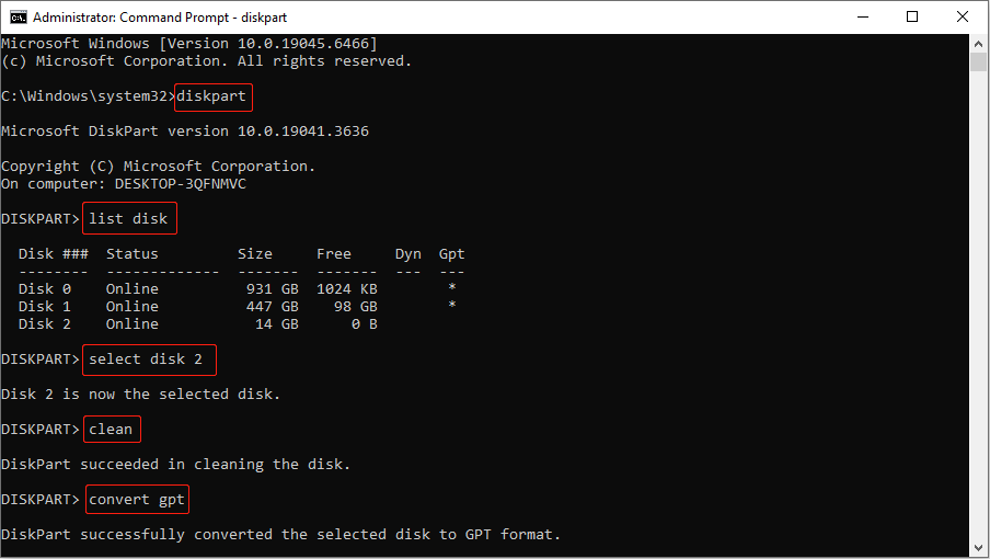 The Command Prompt window running the DiskPart command to convert disk 2 from MBR to GPT.