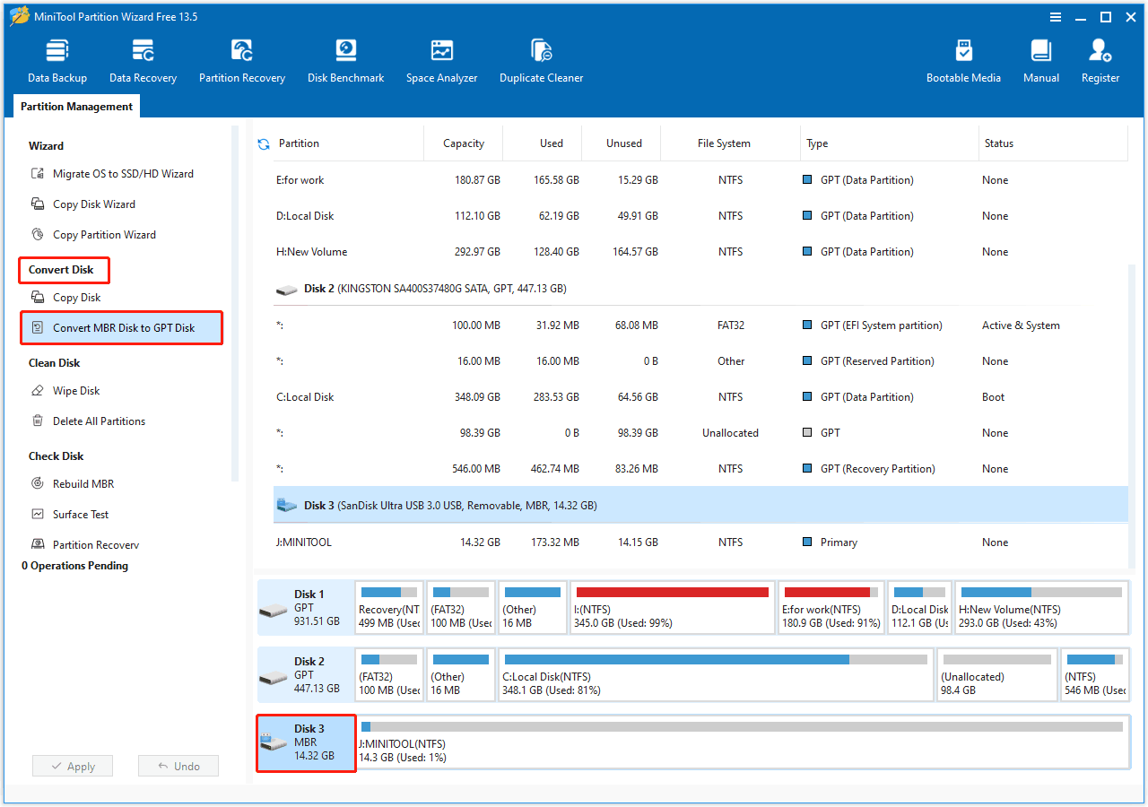 MiniTool Partition Wizard interface with the target disk and the Convert MBR Disk to GPT Disk option selected.