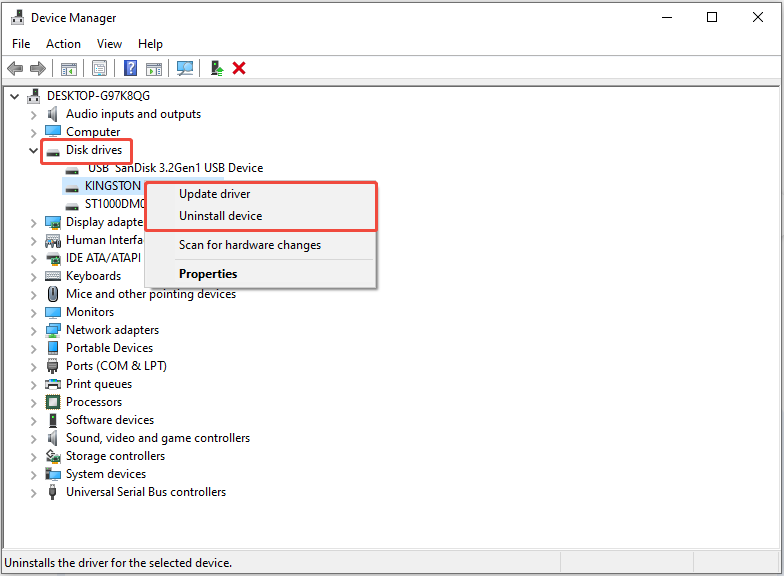 The Device Manager interface showing the right-click menu, with Disk drives, Update driver, and Uninstall device selected.