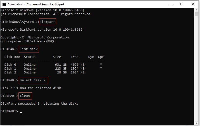The Command Prompt interface showing the clean command running in DiskPart, with the relevant commands highlighted.