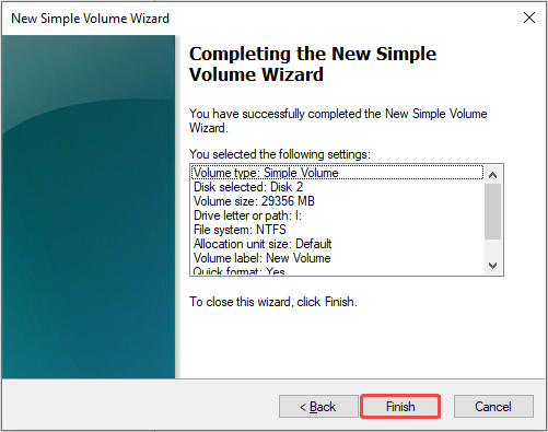 The New Simple Volume Wizard interface showing the new volume creation process, with the Finish button selected.