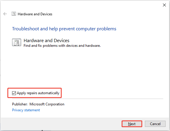 The Hardware Devices troubleshooter interface, with Apply repairs automatically and the Next button selected.