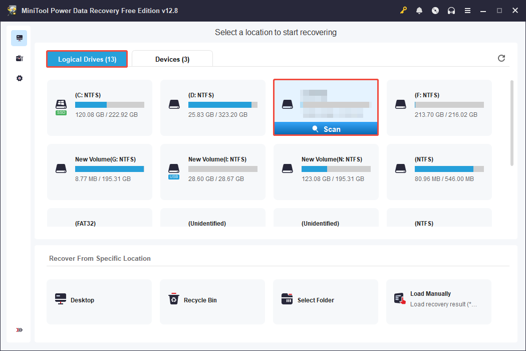 MiniTool Power Data Recovery interface showing the detected partitions, with the Scan button and Logical Drives selected.
