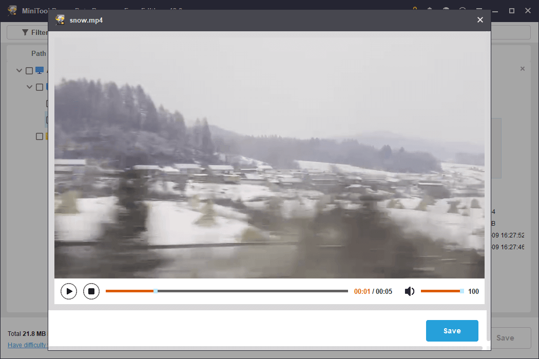 The preview interface in MiniTool Power Data Recovery showing a snow scene in the countryside for file verification.