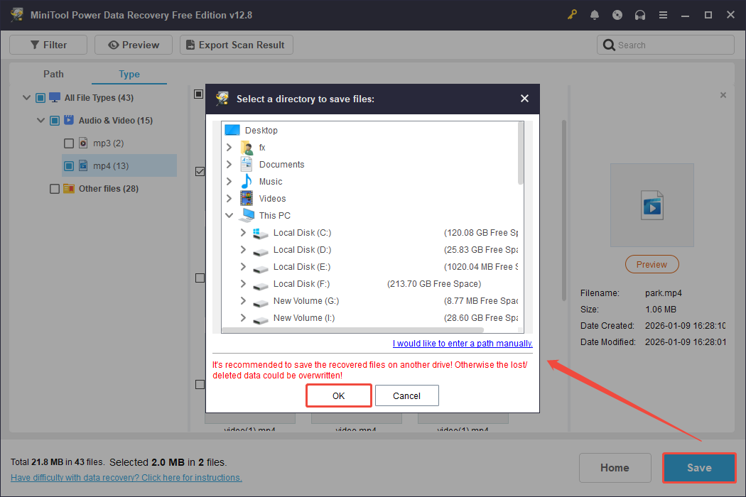 MiniTool Power Data Recovery interface showing the save path window, with Save and OK highlighted.