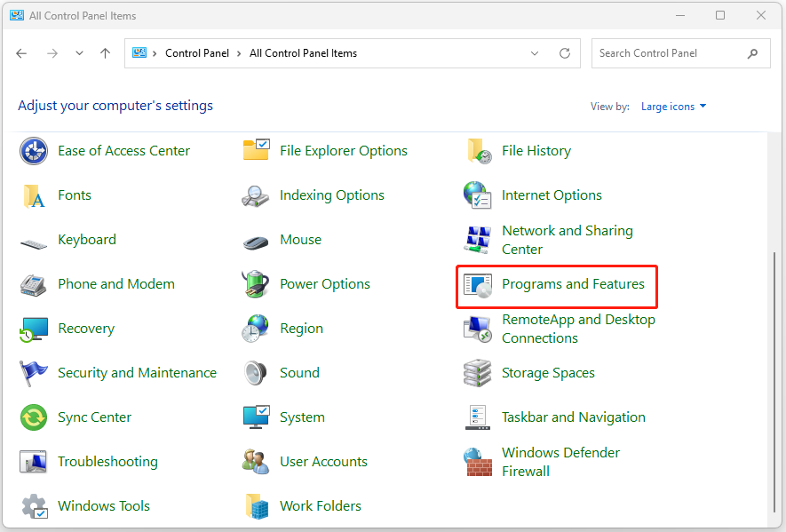 The interface of Control Panel with selected Programs and Features.