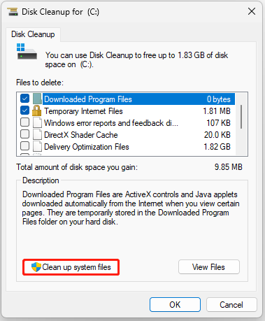 The interface of Disk Cleanup with selected Clean up system files.