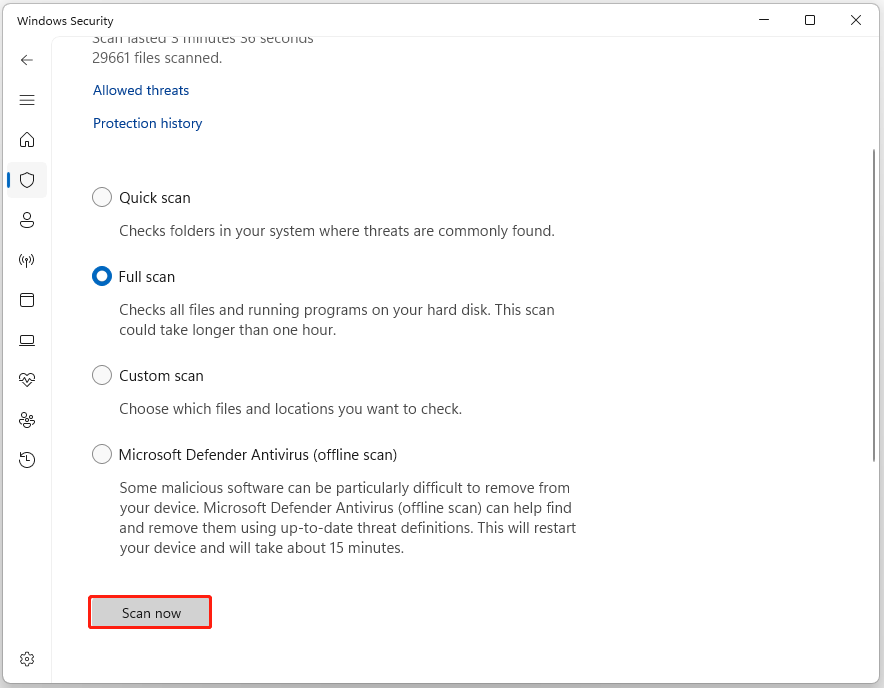 The interface of Windows Security with selected Scan now.