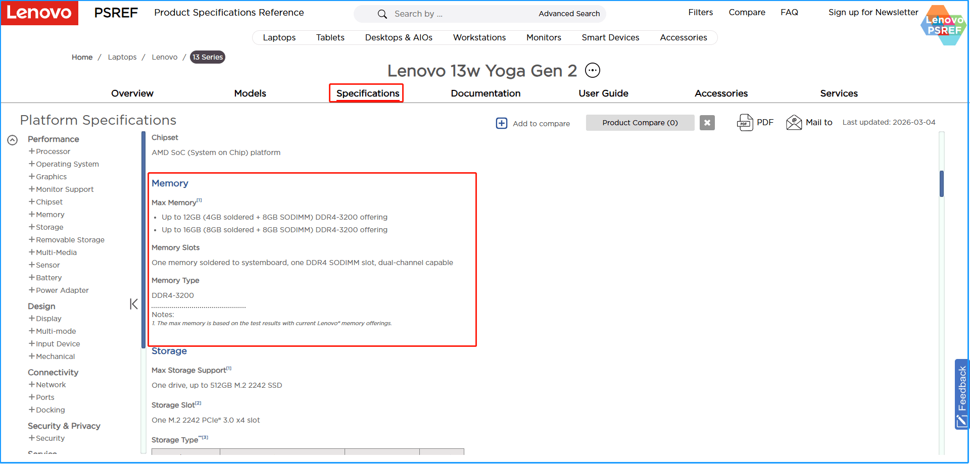 Screenshot showing how to check your laptop’s memory specifications on the Lenovo website.