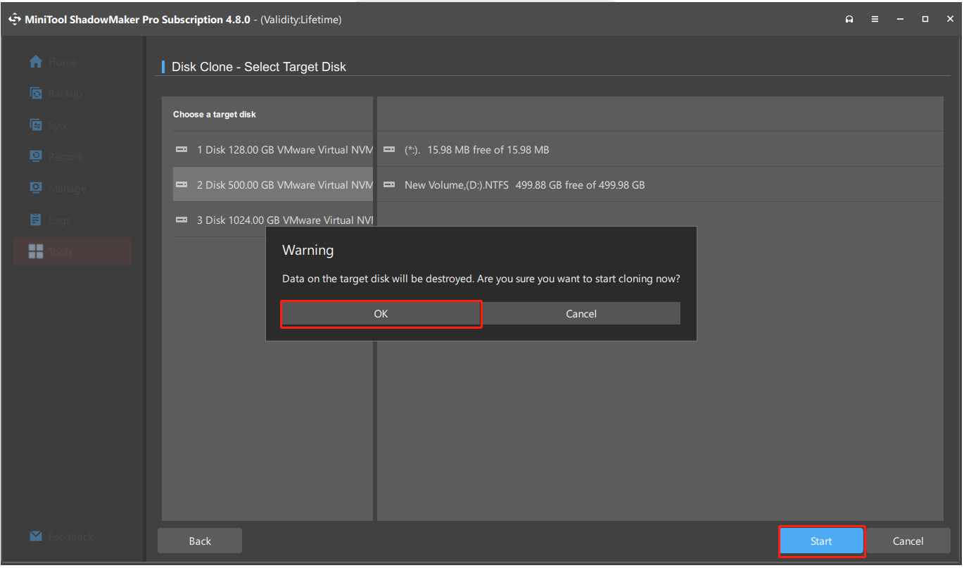 The interface of MiniTool ShadowMaker with selected Start and OK.