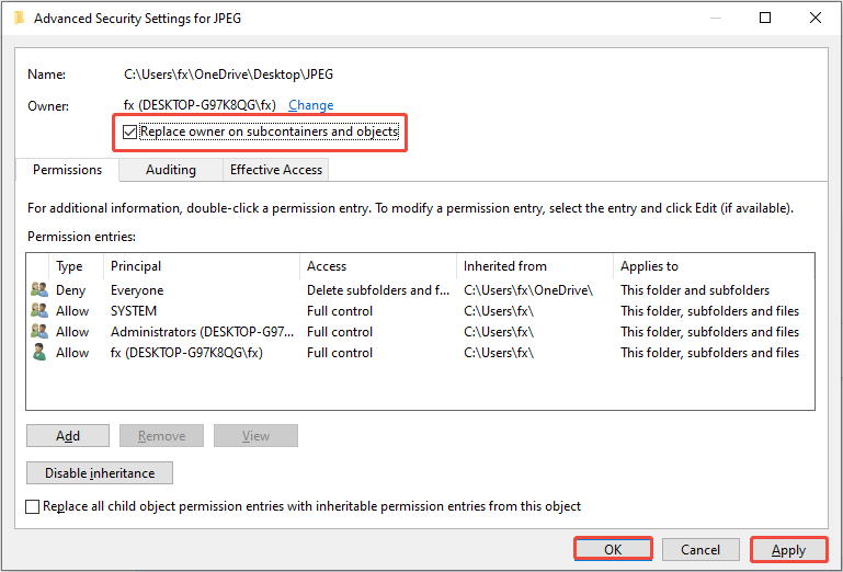 The interface showing the owner of the folder, with Apply, OK, and Replace owner on subcontainers and objects selected.