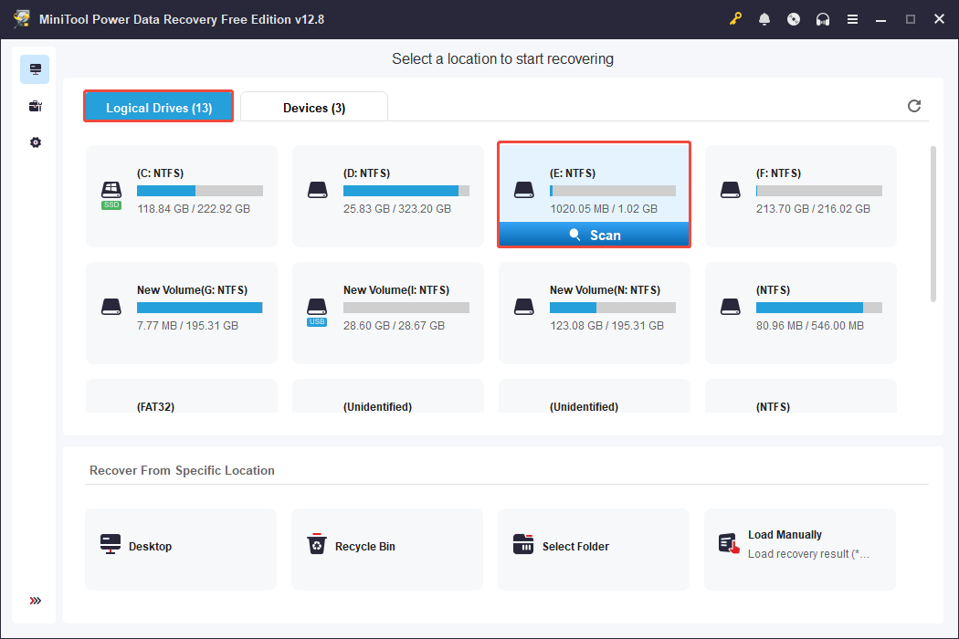 MiniTool Power Data Recovery interface showing the detected partitions, with Logical Drives and Scan selected.