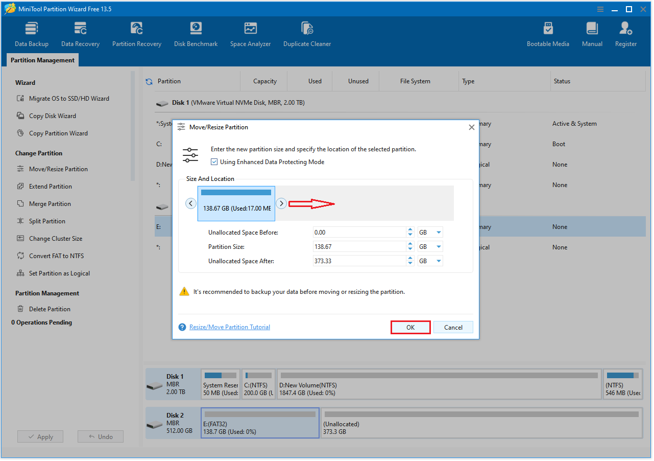 The Move Resize Partition interface to move the arrow to the right to occupy the unallocated space.