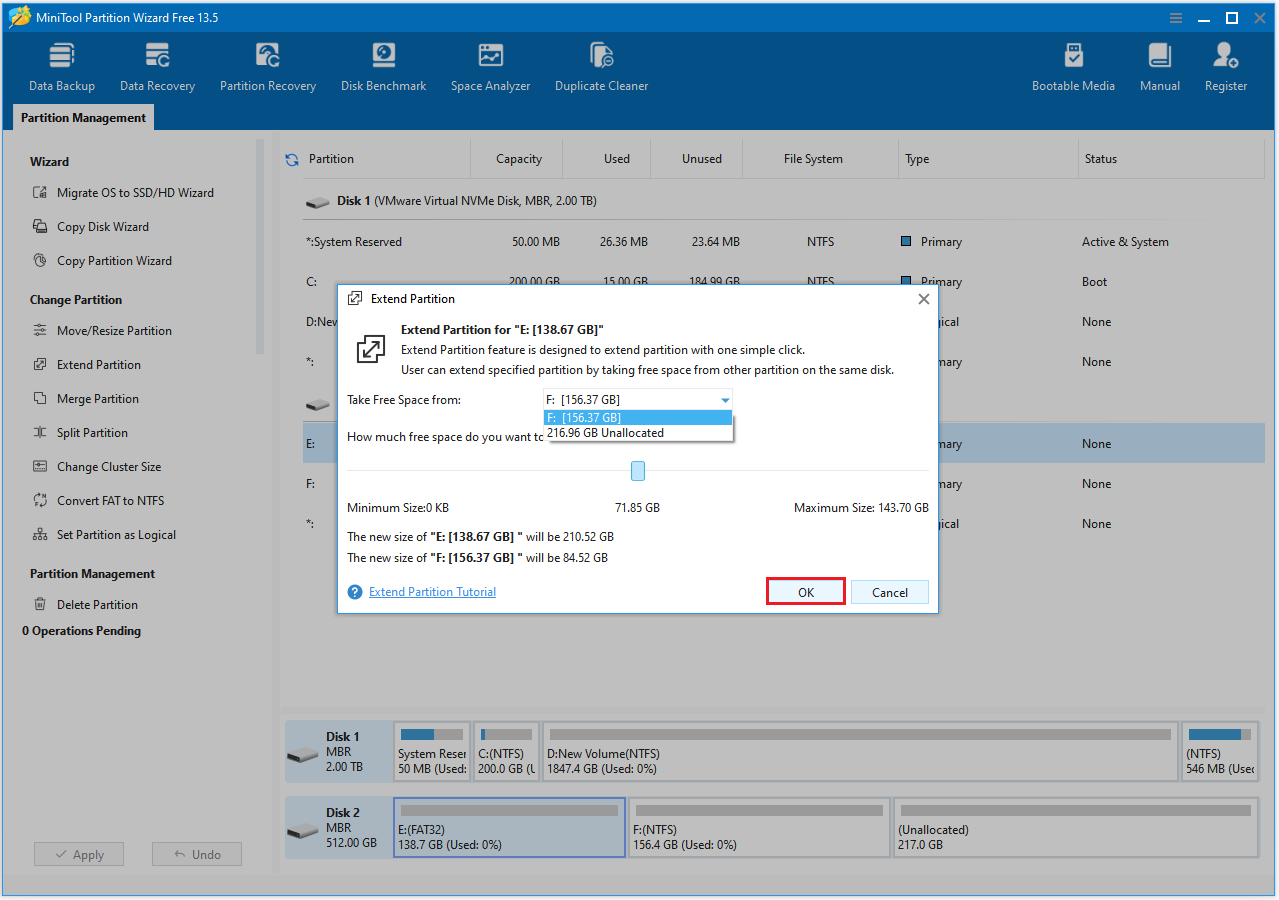 The Extend Partition interface with the selected OK option.