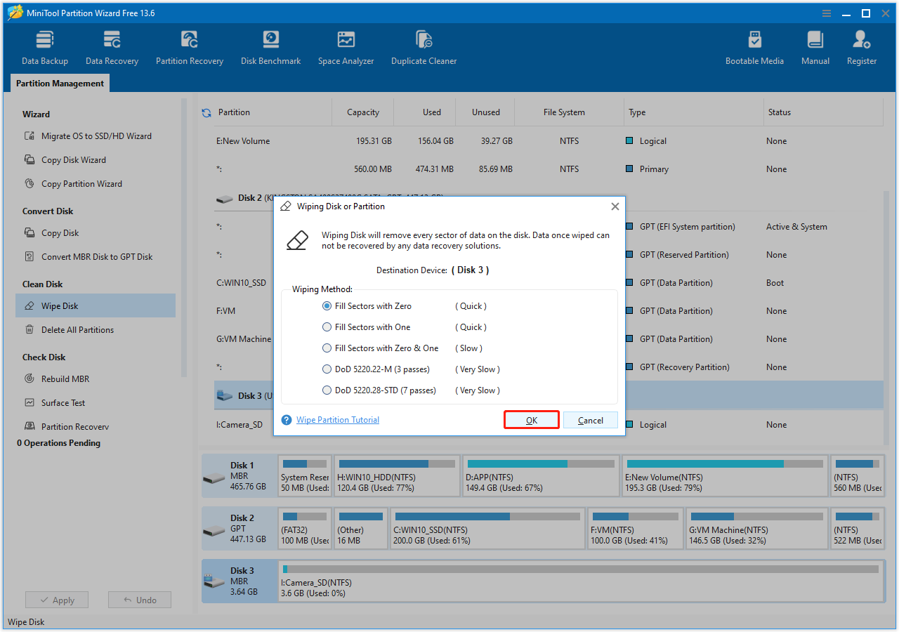 The Wiping Disk or Partition of MiniTool Partition Wizard with selected OK.