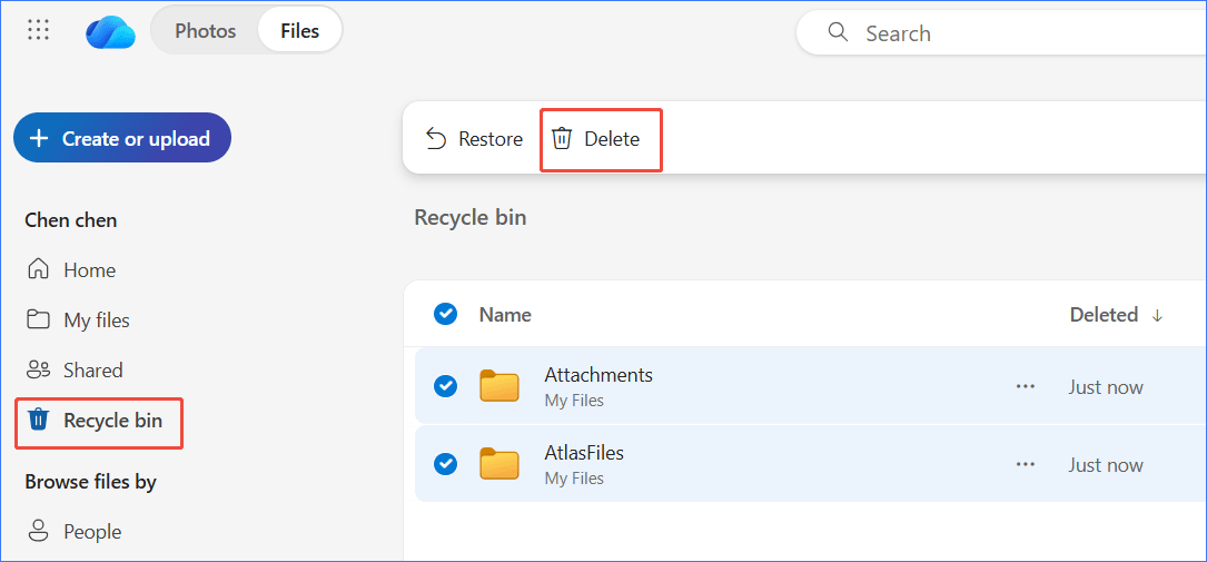 The OneDrive web page with the selected Recycle bin and Delete button to empty storage space.