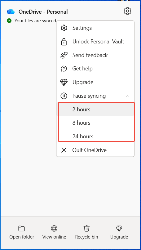 The OneDrive window showing the Pause syncing option.