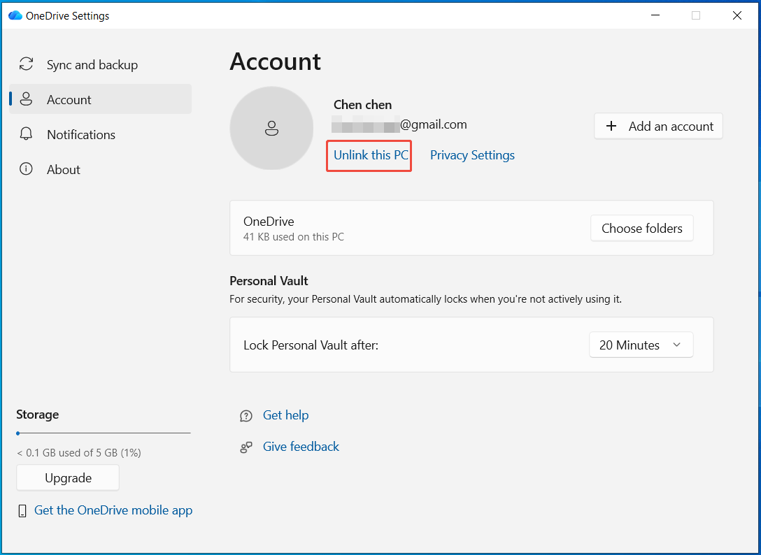 The OneDrive Settings window with Unlink this PC selected.