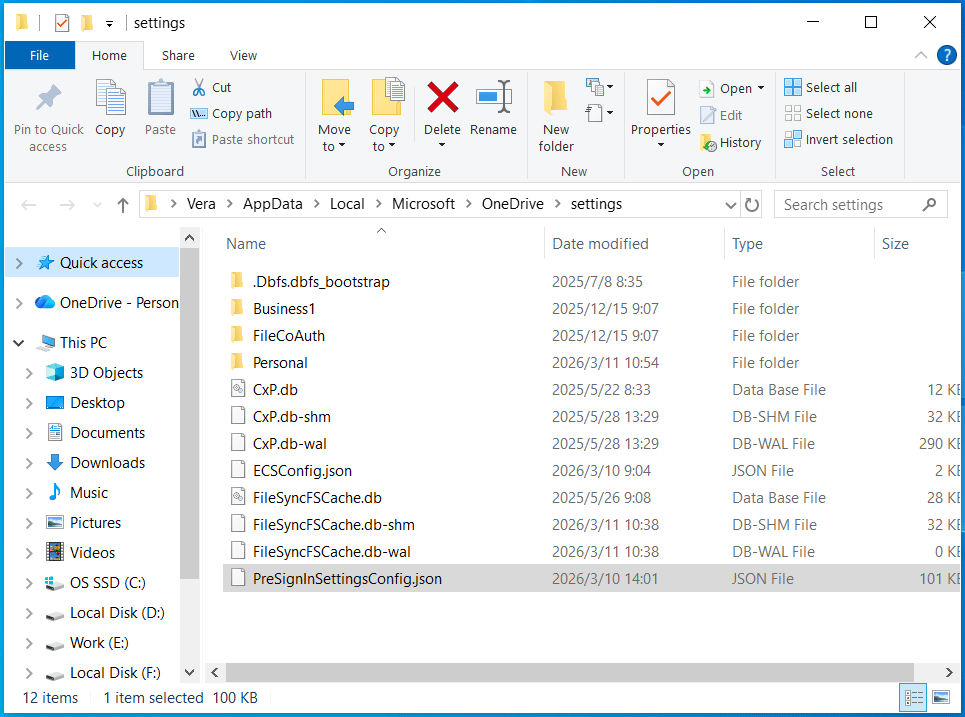 Screenshot showing the PreSignInSettingsConfig.json file of OneDrive in File Explorer.