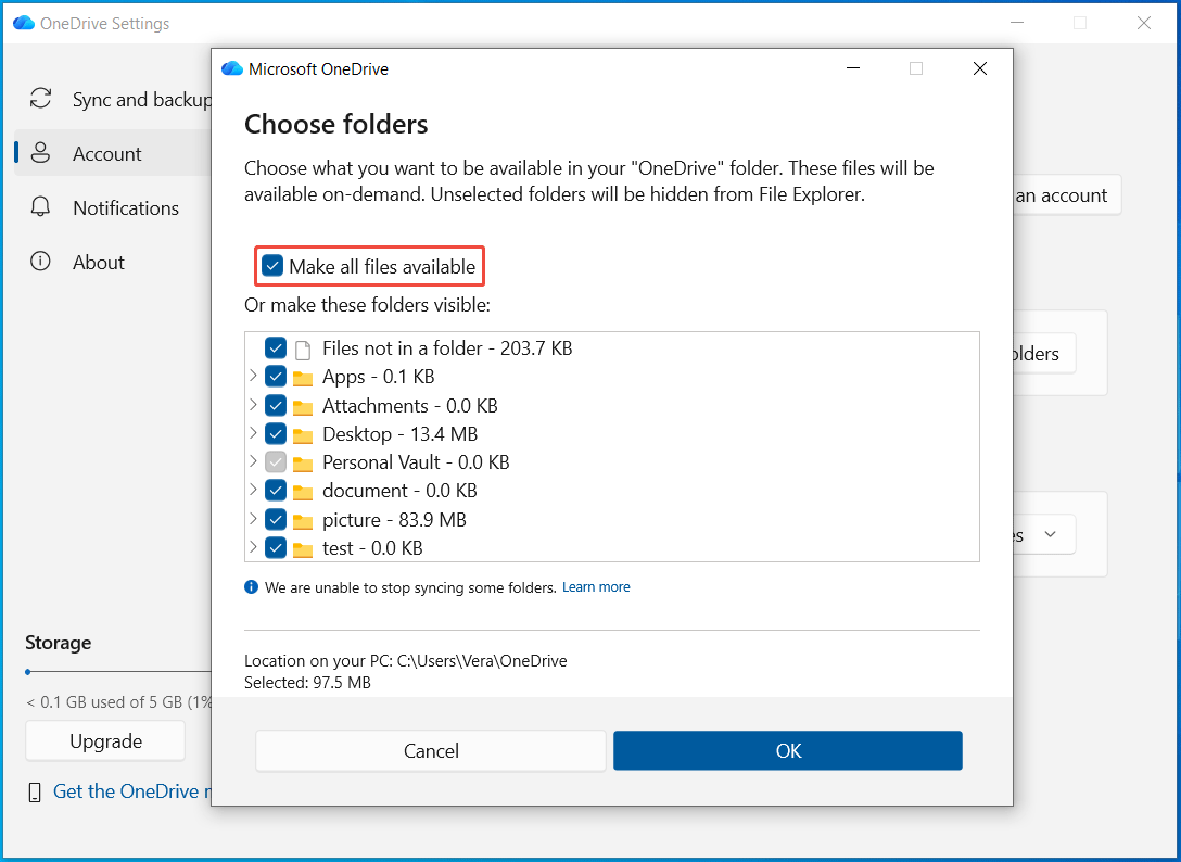 The OneDrive window with Make all files available selected.