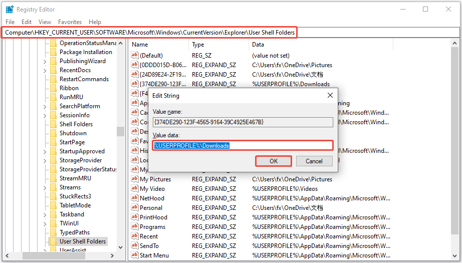 The Registry Editor interface showing the entries, with the target path, Value data, and OK highlighted.