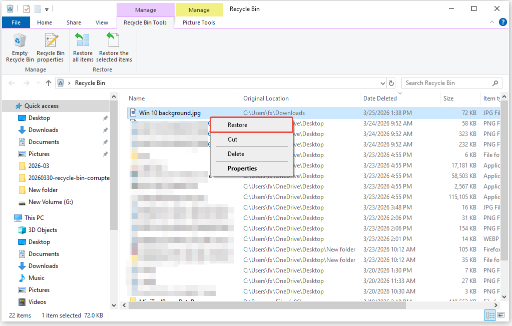 The Recycle Bin interface showing the deleted items, with the selected item and the Restore option highlighted.
