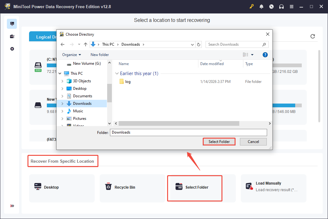 MiniTool Power Data Recovery interface showing the select folder window, with Recover From Specific Location selected.