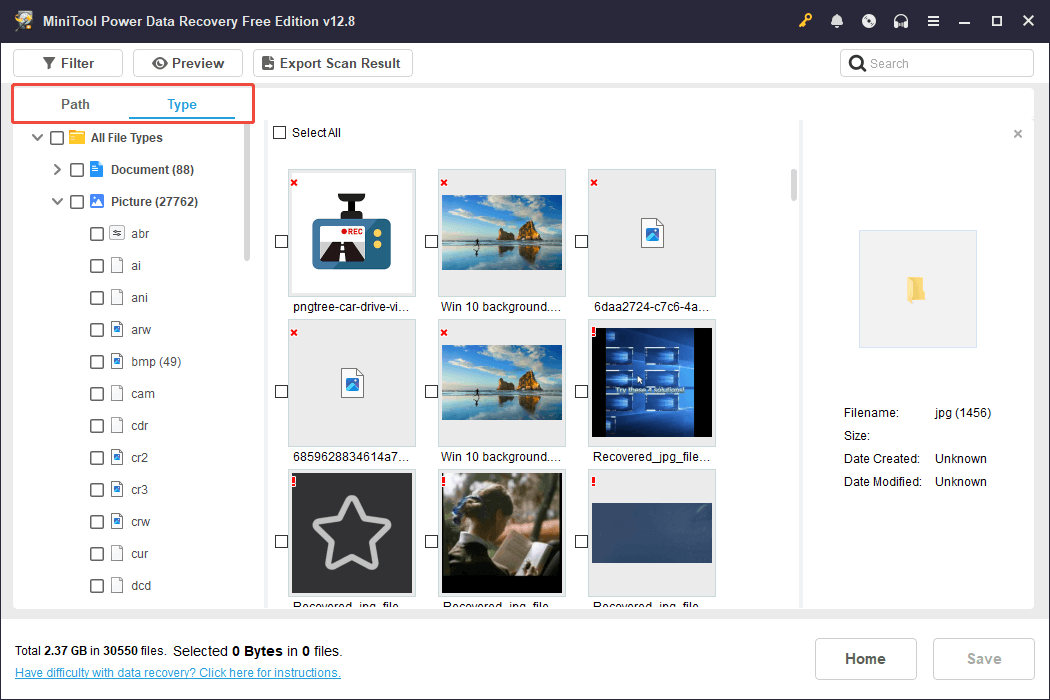 MiniTool Power Data Recovery interface showing the pictures, with Path and Type highlighted.