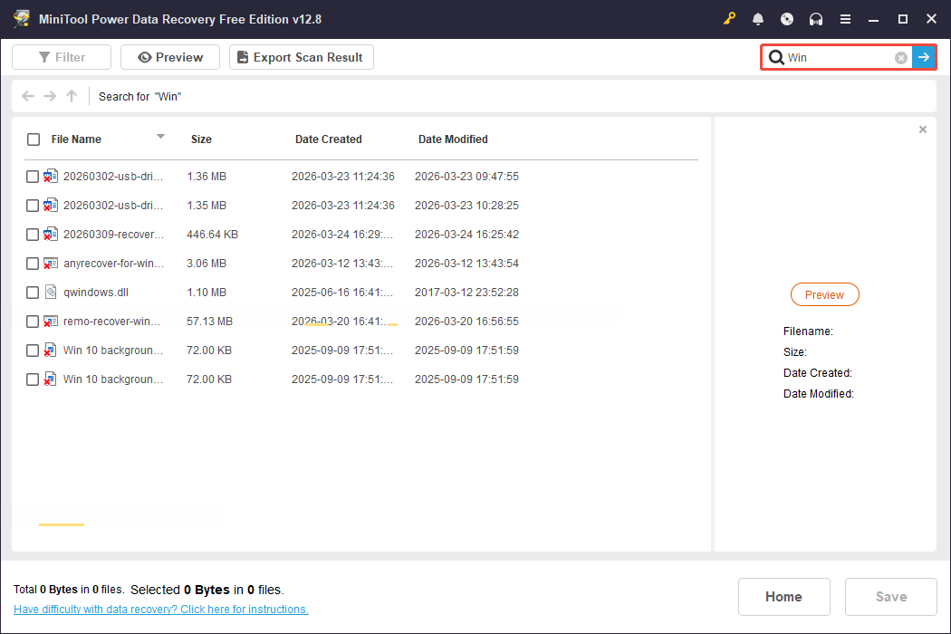 MiniTool Power Data Recovery interface showing the search results for Win, with the search bar selected.