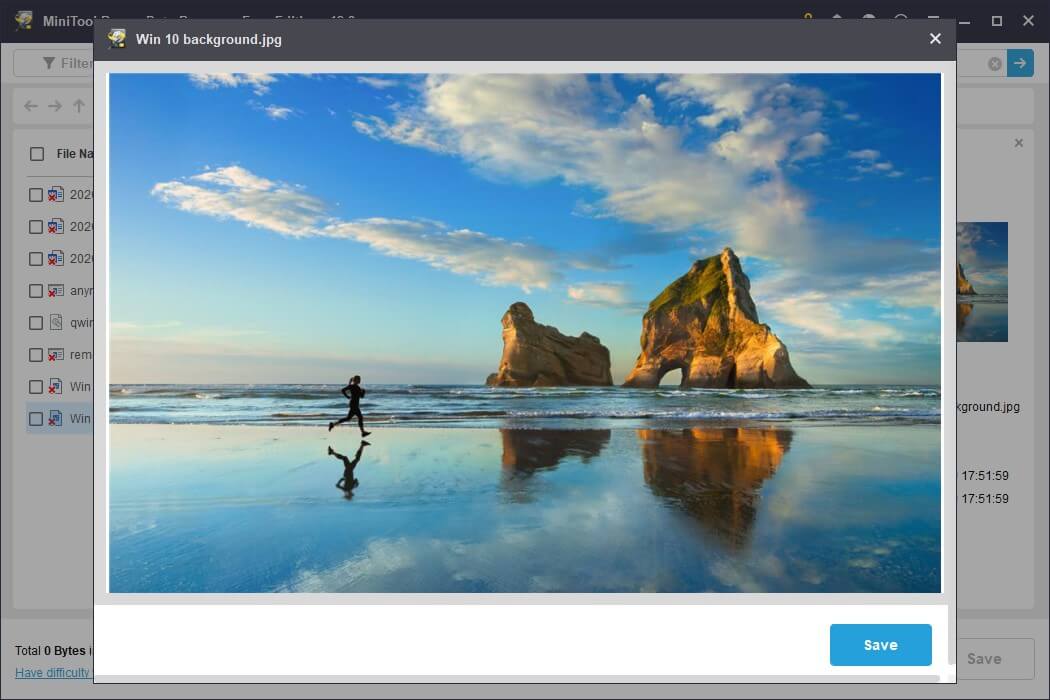 The preview window in MiniTool Power Data Recovery showing a person jogging on the beach for file verification.