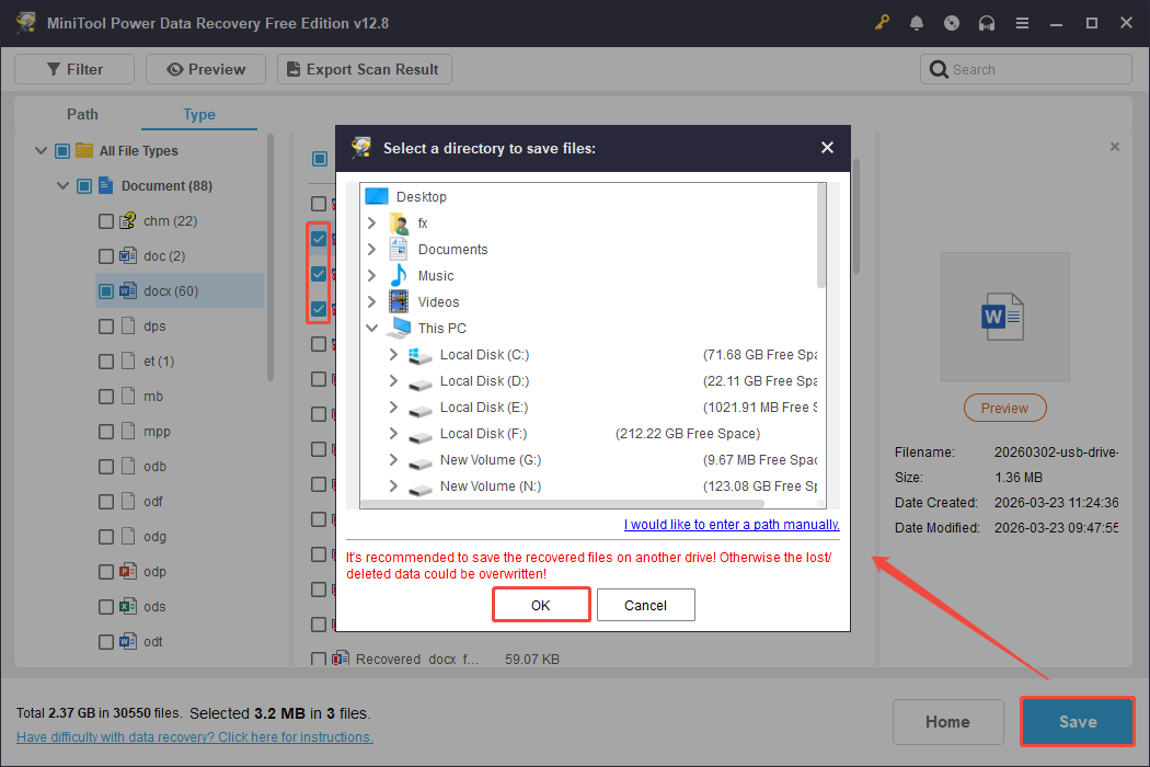 MiniTool Power Data Recovery interface showing the save directory window, with checked boxes, Save, and OK selected.