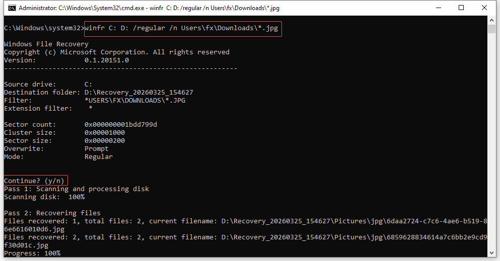 The Command Prompt interface showing the Windows File Recovery tool, with the Winfr command selected.