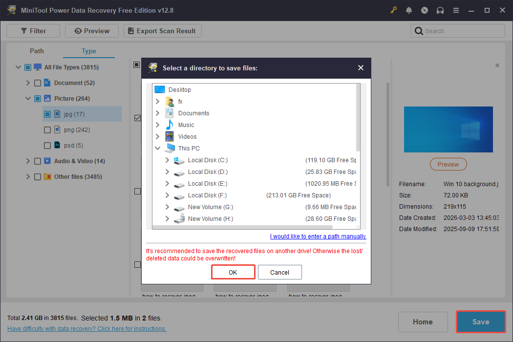 The save directory window in MiniTool Power Data Recovery showing the locations, with Save and OK selected.