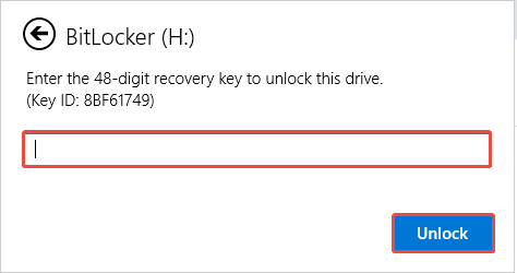 The BitLocker interface showing the 48 digit recovery key box, with the Unlock button highlighted.