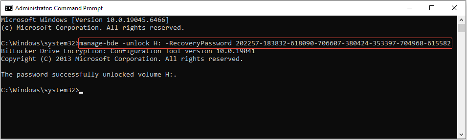 The Command Prompt interface showing the recovery key command running, with the command selected.