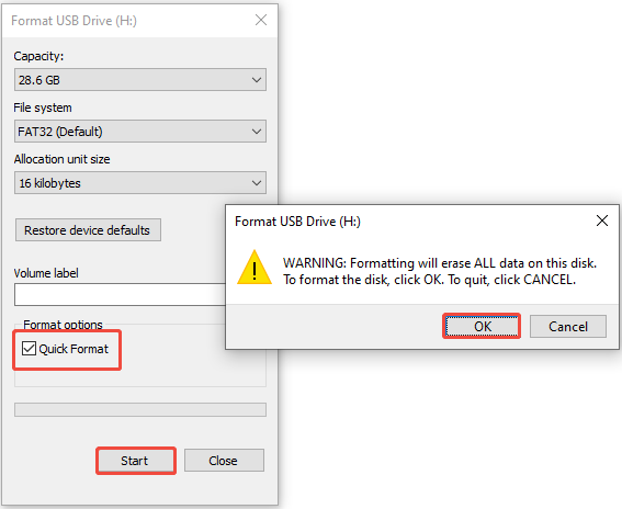 The Format USB Drive interface showing the formatting information, with Quick Format, Start, and OK selected.
