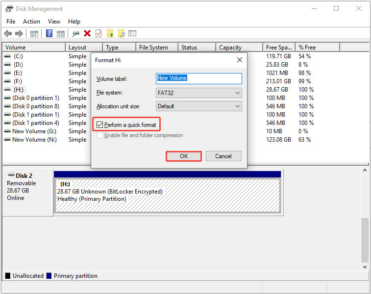 The Format interface in Disk Management showing the formatting information, with Perform a quick format and OK selected.
